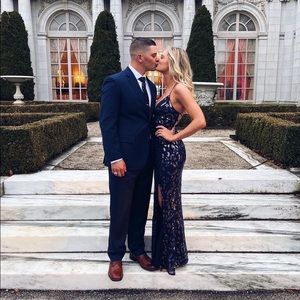 Lulus Queen for the Night Navy Blue Sequin Lace-Up Mermaid Maxi Dress